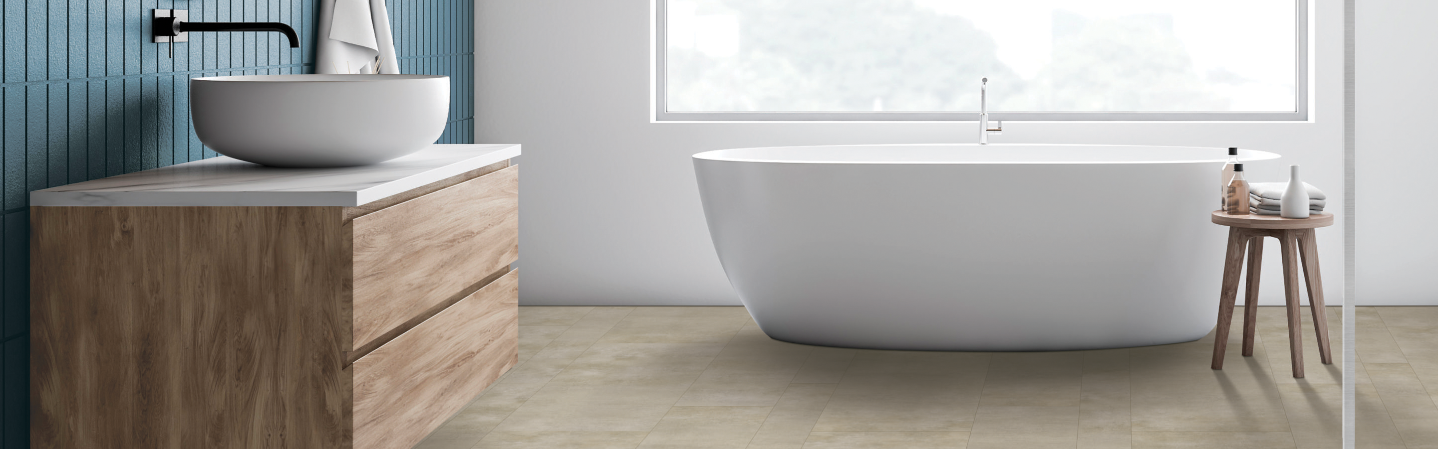 Vinyl tile tan floor in minimalist bathroom with standing tub 