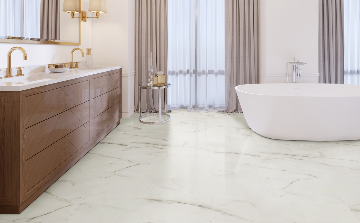 White marble look vinyl tile in bathroom 