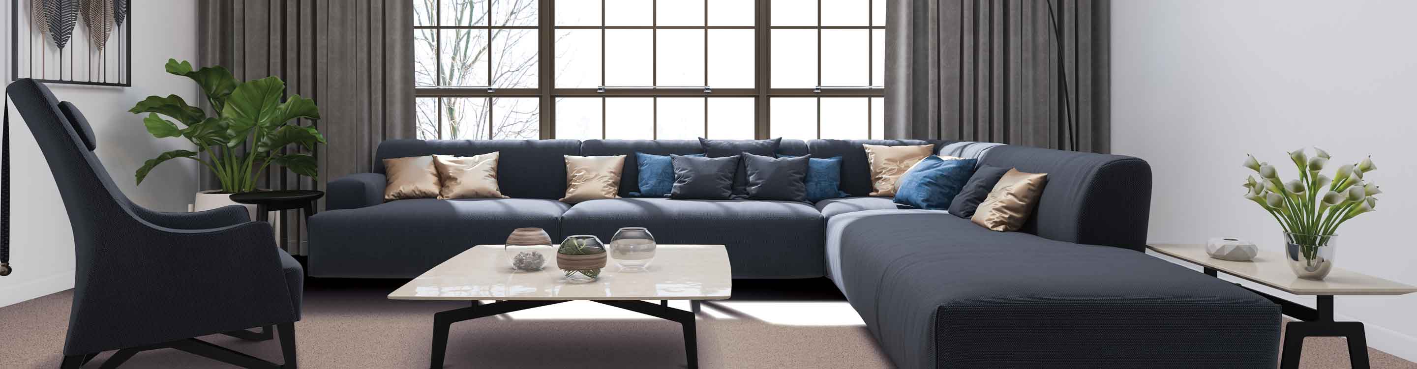 living room with gray floor to ceiling curtains